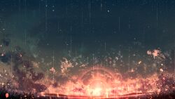 Rule 34 | chinese commentary, cloud, commentary request, grass, highres, light particles, night, night sky, no humans, original, outdoors, rain, rune xiao, scenery, signature, sky, star (sky), starry sky, still life, sun, sunset