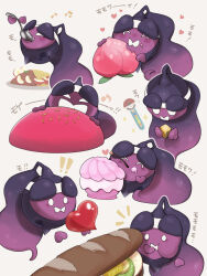 Rule 34 | !, !!, ^ ^, ao haruki, bread, closed eyes, commentary request, creatures (company), eating, food, food on face, fruit, game freak, heart, highres, holding, holding food, holding fruit, holding spoon, mouth hold, multiple views, musical note, nintendo, no humans, pecharunt, pokeblock, pokeblock case, pokemon, pokemon (creature), sandwich, simple background, spoon, translation request, white background