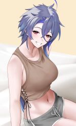 Rule 34 | 1girl, azur lane, bare arms, bare shoulders, blush, breasts, commentary, crop top, foch (azur lane), grey shorts, grey tank top, grin, highres, jakqbigone, large breasts, long hair, looking at viewer, midriff, navel, pink eyes, purple hair, short shorts, shorts, sitting, smile, solo, stomach, tank top, very long hair