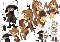 Rule 34 | 1girl, 2boys, :&lt;, :p, antennae, arthropod boy, arthropod girl, breasts, brown hair, brown thighhighs, closed eyes, elbow gloves, fang, gloves, insect girl, monster boy, monster girl, multiple boys, open mouth, original, sachy (sachichy), scarf, simple background, spider girl, thighhighs, tongue, tongue out, underboob, white background