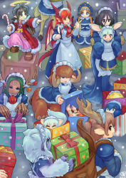 Rule 34 | 6+girls, animal ears, antlers, backpack, bag, black eyes, black hair, blonde hair, blue eyes, box, braid, brown hair, buck teeth, candy, candy cane, christmas, christmas ornaments, colored skin, dated, doll joints, dragon girl, dragon wings, dryad, food, gift, gift box, green hair, halo, horns, in box, in container, joints, kensaint, large hands, lifting person, long hair, maid, maid headdress, monster girl, multiple girls, original, plant girl, pointing, purple skin, rabbit ears, red eyes, red hair, signature, slavic mythology, snegurochka (mythology), snow, snowing, tail, teeth, twin braids, white hair, wings, wooden box, yellow eyes, yeti (creature)