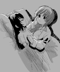 Rule 34 | 10s, 2girls, blanket, blush stickers, elbow rest, girls und panzer, greyscale, hand on own cheek, hand on own face, hands on another&#039;s chest, highres, long hair, long sleeves, lying, monochrome, multiple girls, nishizumi miho, on back, pajamas, pillow, reizei mako, short hair, short sleeves, sleeping, smile, under covers, yawaraka black