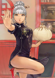 Rule 34 | 1girl, :o, baozi, bottle, braid, carina (xiaowoo), china dress, chinese clothes, dress, dumpling, fighting stance, food, foreshortening, grey eyes, hair ornament, hair up, high heels, highres, jar, leg up, legs, lips, looking at viewer, original, oversized object, round window, shelf, shoes, short dress, silver hair, solo, standing, standing on one leg, steam, twin braids, window