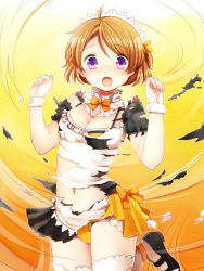 Rule 34 | 10s, 1girl, :o, blush, breasts, brown hair, clarinet (natsumi3230), cleavage, full-face blush, koizumi hanayo, kurata rine, looking at viewer, love live!, love live! school idol project, maid, maid headdress, medium breasts, mogyutto &quot;love&quot; de sekkin chuu!, navel, open mouth, panties, purple eyes, short hair, skirt, solo, thighhighs, torn clothes, underwear, white thighhighs, yellow panties