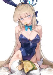 Rule 34 | 1girl, absurdres, animal ears, bag of chips, blonde hair, blue archive, blue bow, blue bowtie, blue eyes, blue hair, blue halo, blue leotard, blush, bow, bowtie, braid, breasts, cleavage, closed mouth, covered navel, detached collar, fake animal ears, halo, highres, large breasts, leotard, long hair, looking at viewer, multicolored hair, official alternate costume, pepq, rabbit ears, simple background, sitting, solo, strapless, strapless leotard, streaked hair, thighhighs, toki (blue archive), toki (bunny) (blue archive), white background, white thighhighs, wrist cuffs