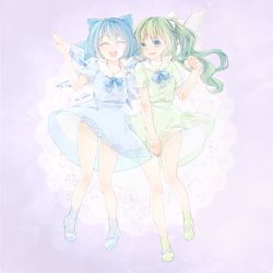 Rule 34 | 2girls, :d, ^ ^, alternate costume, ankle socks, blue background, blue eyes, blue hair, cirno, closed eyes, daiyousei, doily, dress, full body, gradient background, green hair, hair ribbon, hand up, layered dress, looking at viewer, mary janes, multiple girls, open mouth, panties, parted lips, ribbon, see-through, shoes, short hair, short sleeves, side ponytail, simple background, skirt, skirt hold, smile, socks, standing, striped clothes, striped panties, touhou, tsukimiya kamiko, underwear, wings