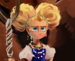 Rule 34 | 1girl, artist name, blonde hair, blue eyes, closed mouth, earrings, goldilocks (puss in boots), hair up, highres, holding, holding staff, jewelry, mismatched earrings, necklace, ocado7, puss in boots, puss in boots: the last wish, signature, staff, standing