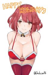 1girl bare_shoulders bent_over bikini breasts brown_eyes christmas cleavage closed_mouth collarbone detached_collar fur_trim hairband halterneck happy_holidays j@ck large_breasts leaning_forward looking_at_viewer merry_christmas nintendo pyra_(xenoblade) red_bikini red_hair santa_costume short_hair smile swept_bangs swimsuit thighhighs xenoblade_chronicles_(series) xenoblade_chronicles_2