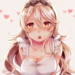 Rule 34 | 1girl, apron, ayame (norie11), blush, breasts, cleavage, corrin (female) (fire emblem), corrin (fire emblem), fire emblem, fire emblem fates, hairband, heart, long hair, medium breasts, nintendo, pointy ears, red eyes, signature, simple background, solo, white hair