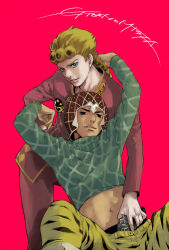 Rule 34 | 2boys, black eyes, blonde hair, blue eyes, braid, character name, cz474, giorno giovanna, guido mista, gun, hat, jojo no kimyou na bouken, looking at viewer, midriff, multiple boys, pink background, sexually suggestive, simple background, vento aureo, weapon