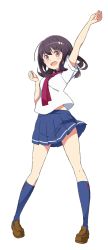 Rule 34 | 1girl, arm up, bag, black hair, full body, haru (henkei shoujo), highres, pink eyes, school uniform, simple background, tagme
