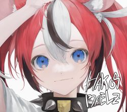 Rule 34 | 1girl, absurdres, animal ear fluff, animal ears, arm up, black collar, black hair, blue eyes, character name, collar, dice hair ornament, english text, hair between eyes, hair ornament, hakos baelz, highres, hololive, hololive english, huge filesize, looking at viewer, mile (mil2), mouse ears, mouse girl, multicolored hair, pale skin, portrait, red hair, solo, spiked collar, spikes, streaked hair, virtual youtuber, white hair