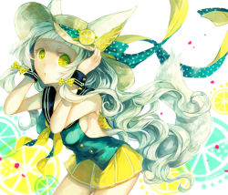 Rule 34 | 1girl, animal ears, blue ribbon, bow, breasts, cat ears, food, fruit, hair bow, hands up, hat, hat ornament, kuina (escapegoat), lemon, lemon slice, looking at viewer, medium breasts, original, ribbon, sailor collar, sideboob, skirt, sleeveless, solo, standing, sun hat, tail, wavy hair, white background, white hair, wrist cuffs, yellow bow, yellow eyes, yellow skirt