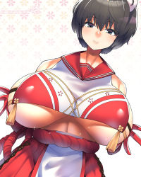 Rule 34 | 1girl, animal ears, black eyes, black hair, blue archive, breasts, crop top, crop top overhang, elbow gloves, gloves, highres, hip vent, huge breasts, raccoon ears, red sailor collar, sailor collar, sideless outfit, solo, tabard, tsubaki (blue archive), umigarasu (kitsune1963), underboob