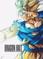 Rule 34 | 1boy, absurdres, aura, bare pectorals, blonde hair, blue eyes, copyright name, dragon ball, dragonball z, energy, english text, highres, kamiyama sumu, large pectorals, looking to the side, male focus, muscular, orange pants, pants, pectoral cleavage, pectorals, salute, shirt, sleeveless, smile, solo, son goku, spiked hair, super saiyan, torn clothes, torn shirt