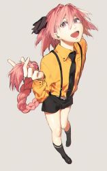 Rule 34 | 1boy, :d, arm behind back, astolfo (fate), belt, belt buckle, black bow, black footwear, black necktie, black shorts, black socks, bow, braid, buckle, collared shirt, commentary request, dress shirt, fang, fate/apocrypha, fate (series), fingernails, formal, from above, full body, grey background, hair between eyes, hair bow, hair intakes, hand up, highres, holding, holding own hair, jisai 10, kneehighs, leaning forward, loafers, long hair, long sleeves, looking at viewer, looking up, male focus, multicolored hair, necktie, open mouth, orange shirt, parted bangs, pink hair, purple eyes, shirt, shirt tucked in, shoes, short shorts, shorts, simple background, single braid, smile, socks, solo, standing, standing on one leg, streaked hair, suspender shorts, suspenders, tie clip, trap, two-tone hair, white hair, wing collar