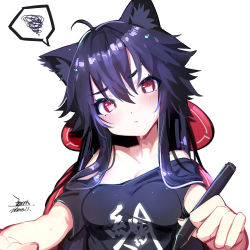 Rule 34 | 1girl, ahoge, animal ears, bare shoulders, black hair, black shirt, blush, breasts, collarbone, commentary request, confused, dated, ejami, ekko (ejami), fox ears, fox girl, fox tail, hair between eyes, holding, holding pen, long hair, looking at viewer, medium breasts, off-shoulder shirt, off shoulder, original, pen, red eyes, shirt, signature, simple background, solo, tail, white background