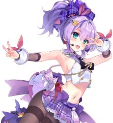 Rule 34 | 1girl, :d, aqua eyes, armpits, azur lane, bare shoulders, bow, breasts, brown pantyhose, crop top, crop top overhang, double v, earrings, hair bow, hair ornament, heart, idol, javelin (azur lane), javelin (energetic idol @120% motivation!) (azur lane), jewelry, light purple hair, long hair, looking at viewer, midriff, miniskirt, navel, open mouth, outstretched arm, pantyhose, ponytail, purple bow, purple footwear, purple skirt, shirokitsune, shirt, shoes, simple background, skirt, sleeveless, sleeveless shirt, small breasts, smile, solo, star (symbol), star hair ornament, stomach, thighband pantyhose, v, white background, white shirt, wing collar, wrist cuffs