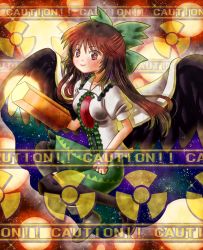 Rule 34 | 1girl, arm cannon, asymmetrical footwear, bird wings, black socks, black wings, blush, bow, breasts, brown hair, buttons, cape, caution, center frills, closed mouth, collared shirt, commentary, control rod, frilled shirt collar, frilled skirt, frills, full body, green bow, green skirt, hair bow, highres, kneehighs, large breasts, long hair, looking at viewer, misaki (originalsin), mismatched footwear, puffy short sleeves, puffy sleeves, radiation symbol, red eyes, reiuji utsuho, shirt, shoes, short sleeves, single shoe, skirt, smile, socks, solo, starry sky print, third eye, touhou, weapon, white cape, white shirt, wings