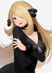 Rule 34 | 1girl, black coat, blonde hair, breasts, cleavage, coat, creatures (company), cynthia (pokemon), eyelashes, floating hair, fur-trimmed coat, fur collar, fur trim, game freak, grey eyes, hair ornament, hair over one eye, highres, long hair, long sleeves, looking at viewer, nintendo, open mouth, pokemon, pokemon dppt, ririmon, simple background, smile, solo, tongue, white background