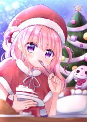 Rule 34 | 1girl, blurry, blurry foreground, blush, cake, cake slice, capelet, christmas, christmas tree, eating, food, food on face, fork, fur-trimmed capelet, fur collar, fur trim, hanasakichu, hat, highres, holding, holding fork, holding plate, long hair, looking at viewer, neck ribbon, original, pink hair, plate, purple eyes, rabbit, ribbon, santa costume, santa hat, solo, two side up, upper body