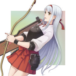 10s 1girl armor bow_(weapon) brown_eyes dutch_angle faulds female_focus hair_ribbon hairband kantai_collection lips long_hair muneate personification pleated_skirt ribbon shield shoukaku_(kancolle) silver_hair skirt soa solo very_long_hair weapon wristband