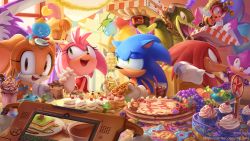 Rule 34 | 3girls, 6+boys, absurdres, amy rose, big the cat, birthday, birthday party, box, brown eyes, cake, cat boy, charmy bee, cheese (sonic), closed mouth, commentary, cream the rabbit, english commentary, espio the chameleon, food, froggy (sonic), fruit, furry, furry female, furry male, gemerl, gloves, grapes, green eyes, happy birthday, highres, holding, hot dog, huge filesize, knuckles the echidna, miitara, multiple boys, multiple girls, open mouth, pov, rabbit girl, smile, sonic (series), tails (sonic), vanilla the rabbit, vector the crocodile, white gloves, yellow eyes