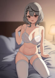 Rule 34 | 1girl, :d, absurdres, ahoge, backlighting, bare arms, bare shoulders, bed, bed sheet, black hair, blush, bra, breasts, cleavage, collarbone, desk lamp, fang, hair ornament, hairclip, highres, hololive, indoors, lamp, large breasts, looking at viewer, multicolored hair, navel, new sankin nyu, on bed, open mouth, panties, pillow, red eyes, sakamata chloe, short hair, silver hair, sitting, skindentation, smile, stomach, sweatdrop, thighhighs, two-tone hair, underwear, underwear only, virtual youtuber, white bra, white panties, white thighhighs, x hair ornament, yokozuwari