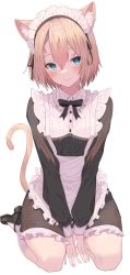 Rule 34 | 1girl, absurdres, animal ear fluff, animal ears, blonde hair, blush, cat ears, cat tail, crossed bangs, green eyes, head tilt, highres, jun (aousa0328), looking at viewer, maid, maid headdress, original, seiza, shoes, short hair, simple background, sitting, socks, tail, white background