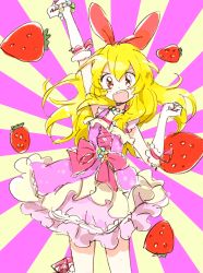 Rule 34 | 1girl, aikatsu!, aikatsu! (series), arm up, bead bracelet, bead necklace, beads, blonde hair, bow, bracelet, dress, elbow gloves, food, fruit, gloves, hair between eyes, hair bow, hoshimiya ichigo, jewelry, long hair, mokeo, necklace, open mouth, pink dress, red bow, red eyes, simple background, solo, strawberry, white gloves