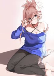 Rule 34 | 1girl, amu (258shin), bare shoulders, barefoot, bespectacled, breasts, cleavage, collarbone, earrings, fate/grand order, fate (series), folded ponytail, glasses, hair between eyes, halterneck, head tilt, holding, holding own hair, jewelry, leaf earrings, miyamoto musashi (fate), pants, parted bangs, pink background, ribbed sweater, simple background, sitting, smile, solo, sweater