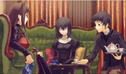 Rule 34 | 1boy, 2girls, aozaki aoko, bandaged neck, bandages, black dress, black eyes, black hair, black jacket, black sweater, blue eyes, brown hair, brown pants, closed eyes, closed mouth, commentary request, couch, cup, curtains, dress, grin, highres, holding, holding tray, indoors, jacket, juliet sleeves, koimizu, kuonji alice, long hair, long sleeves, looking at another, mahou tsukai no yoru, multiple girls, pants, pantyhose, puffy sleeves, red dress, shizuki soujuurou, short hair, sitting, smile, sweater, table, teacup, teapot, tray, turtleneck, turtleneck sweater
