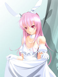 Rule 34 | 1girl, animal ears, bare shoulders, bowalia, clothes lift, dress, dress lift, female focus, gloves, jewelry, long hair, necklace, pink eyes, pink hair, rabbit ears, reisen udongein inaba, shadow, solo, touhou