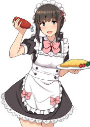 Rule 34 | 1girl, alternate costume, apron, black dress, black hair, bow, bowtie, commentary request, dress, enmaided, food, frilled dress, frills, fubuki (kancolle), green eyes, highres, kantai collection, ketchup, ketchup bottle, long hair, low ponytail, maid, maid headdress, nakamura sumikage, omelet, omurice, pink bow, pink bowtie, ponytail, short ponytail, sidelocks, solo, squeeze bottle, waitress, white apron