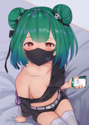 Rule 34 | 1girl, absurdres, bed, bed sheet, belt, black ribbon, black shorts, blue hair, blush, breasts, cellphone, collarbone, commentary request, double bun, earrings, gradient hair, green hair, hair bun, hair ornament, hair ribbon, heart, heart-shaped pupils, highres, holding, holding phone, hololive, jewelry, kusana (dudqja602), looking at viewer, mask, mouth mask, multicolored hair, navel, off-shoulder shirt, off shoulder, phone, ribbon, shirt, short hair, short shorts, shorts, skull earrings, skull hair ornament, small breasts, smartphone, solo, symbol-shaped pupils, thighhighs, uruha rushia, virtual youtuber, white thighhighs