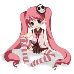 Rule 34 | 1girl, earrings, feet, jewelry, kosumo, pointy ears, socks, solo, striped clothes, striped socks, striped thighhighs, thighhighs, twintails