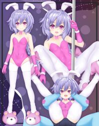 Rule 34 | 1boy, 1girl, blush, braid, breasts, bulge, dhiparizky, erection, erection under clothes, folded, full nelson, gloves, hair ornament, hetero, highres, imminent penetration, kami jigen game neptune v, legs, leotard, long hair, multiple views, naughty face, neptune (series), open mouth, pink eyes, playboy bunny, pole, pole dancing, purple hair, pururut, sitting, skindentation, small breasts, smile, spread legs, thighhighs, thighs, white thighhighs