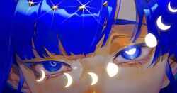 Rule 34 | 1other, androgynous, blue eyes, blue hair, blunt bangs, chinese commentary, close-up, colored eyelashes, commentary, crystal hair, eye focus, glint, highres, houseki no kuni, looking at viewer, mismatched pupils, moon phases, other focus, phosphophyllite, phosphophyllite (ll), short hair, solo, spoilers, xiaoxiaoguguzi