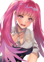 Rule 34 | 1girl, belt, blush, breasts, buttons, cleavage, double-breasted, female focus, fire emblem, fire emblem: three houses, garreg mach monastery uniform, highres, hilda valentine goneril, hot, large breasts, long hair, long sleeves, looking at viewer, matching hair/eyes, nintendo, open mouth, panda inu, pink eyes, pink hair, shirt, short sleeves, simple background, solo, sweat, teeth, twintails, uniform, upper body, upper teeth only, very long hair, white background