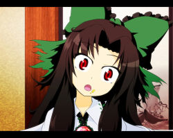 Rule 34 | 1girl, :o, ayuosu, bow, brown hair, female focus, food, food on face, hair bow, head tilt, letterboxed, red eyes, reiuji utsuho, ribbon, solo, touhou, wide-eyed