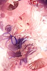Rule 34 | 1girl, absurdres, flower, frilled kimono, frills, hand fan, highres, holding, holding fan, japanese clothes, kimono, looking at viewer, pink eyes, pink hair, puffy sleeves, saigyouji yuyuko, solo, toho sweet, touhou