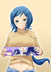Rule 34 | 00 gundam, 10s, 1girl, blue hair, box, breast rest, breasts, denim, green eyes, groin, gundam, gundam build fighters, gunpla, huge breasts, iori rinko, jeans, large breasts, long hair, looking at viewer, midriff, mature female, navel, pants, ponytail, pov, ribbed sweater, smile, solo, sweater, turtleneck, unbuttoned, wo jianqiang fu guo