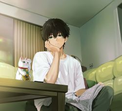 Rule 34 | 1boy, artist logo, bad id, bad pixiv id, black hair, casual, coin, couch, dated, gold, green eyes, green pants, hand on own face, highres, hyouka, indian style, indoors, koban (gold), living room, male focus, maneki-neko, mery (yangmalgage), newspaper, official style, oreki houtarou, pants, shirt, short hair, sitting, solo, t-shirt, table, white shirt, window