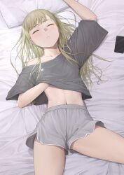 Rule 34 | 1girl, absurdres, ano (gccx8784), arm up, black shirt, blonde hair, closed eyes, clothes lift, commentary request, facing viewer, from above, grey shorts, hand under clothes, hand under shirt, highres, indoors, legs apart, lifting own clothes, long hair, loose clothes, loose shirt, navel, off shoulder, on bed, original, shirt, shirt lift, short sleeves, shorts, sleeping, solo
