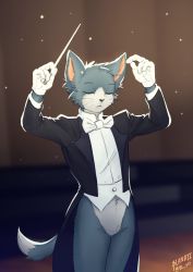 Rule 34 | 1boy, :&lt;, absurdres, animal ears, animal nose, arms up, artist name, backlighting, conductor baton, black coat, blandji, blue fur, blurry, blurry background, body fur, bottomless, bow, bowtie, cat boy, cat ears, cat tail, closed eyes, closed mouth, coat, collared shirt, conductor, cowboy shot, furry, furry male, gloves, groin, highres, indoors, legs together, light particles, long sleeves, male focus, open clothes, open coat, shirt, signature, snout, solo, standing, tail, tailcoat, thighs, tom (tom and jerry), tom and jerry, traditional bowtie, twitter username, two-tone fur, u u, whiskers, white bow, white bowtie, white fur, white gloves, white shirt