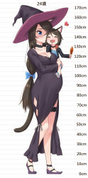 Rule 34 | 2girls, :d, absurdres, aina (mao lian), animal ear fluff, animal ears, blue bow, blue eyes, blush, bow, bra, bra peek, breasts, brown hair, cat ears, cat tail, character age, child, cleavage, commentary, dress, eating, fangs, hair bow, hat, heart, height chart, highres, holding, kiss, kissing cheek, large breasts, long hair, low-tied long hair, mao lian (nekokao), mother and daughter, multiple girls, open mouth, original, pregnant, purple dress, purple footwear, purple headwear, shoes, smile, tail, thigh strap, translated, underwear, very long hair, witch, witch hat