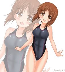 Rule 34 | 10s, 1girl, absurdres, bad id, bad twitter id, bare shoulders, black one-piece swimsuit, blush, breasts, brown eyes, brown hair, competition swimsuit, cross, facing viewer, getsumen suibaku ver. a(c), girls und panzer, grey one-piece swimsuit, highleg, highleg swimsuit, highres, looking at viewer, nishizumi miho, one-piece swimsuit, open mouth, outstretched arms, short hair, smile, solo, spread arms, swimsuit, twitter username, wrists extended, zoom layer