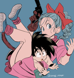 1boy 1girl ankle_socks aonagi_minami aqua_background aqua_eyes aqua_footwear aqua_hair bare_legs belt black_footwear black_hair black_wristband bracelet brown_belt brown_eyes brown_gloves bulma closed_mouth commentary dragon_ball dragon_ball_(classic) dress expressionless eyelashes facing_viewer fanny_pack fingernails full_body gloves gun hair_ribbon handgun hands_up head_tilt highres holding holding_gun holding_weapon jewelry knees_together_feet_apart legs_up looking_afar loose_hair_strand loose_socks lying_on_lap lying_on_person multi-tied_hair outstretched_arms parted_lips pink_dress pink_scarf pink_socks red_ribbon revolver ribbon scarf serious shoe_soles shoes short_dress short_sleeves sideways_glance simple_background single_glove sneakers socks son_goku spiked_hair symbol-only_commentary tareme teeth thighs tongue twitter_username upper_teeth_only weapon wide-eyed wristband