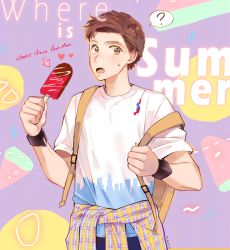 Rule 34 | 1boy, backpack, bag, brown eyes, brown hair, clothes, food, ice cream, male focus, marvel, open mouth, pants, peter parker, peyo han, shirt, short hair, solo, spider-man, spider-man (series), standing, surprised