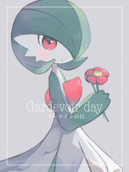 Rule 34 | 1girl, absurdres, bilingual, blush, bob cut, border, character name, closed mouth, colored skin, cowboy shot, creatures (company), english text, female focus, flat chest, flower, from side, game freak, gardevoir, gardevoir day, gen 3 pokemon, green hair, green skin, grey background, hair over one eye, hands up, happy, highres, holding, holding flower, japanese text, looking at viewer, mame (pixiv 57985908), mixed-language text, multicolored skin, nintendo, one eye covered, outside border, own hands together, pokemon, pokemon (creature), red eyes, red flower, short hair, simple background, smile, solo, standing, translated, two-tone skin, white border, white skin